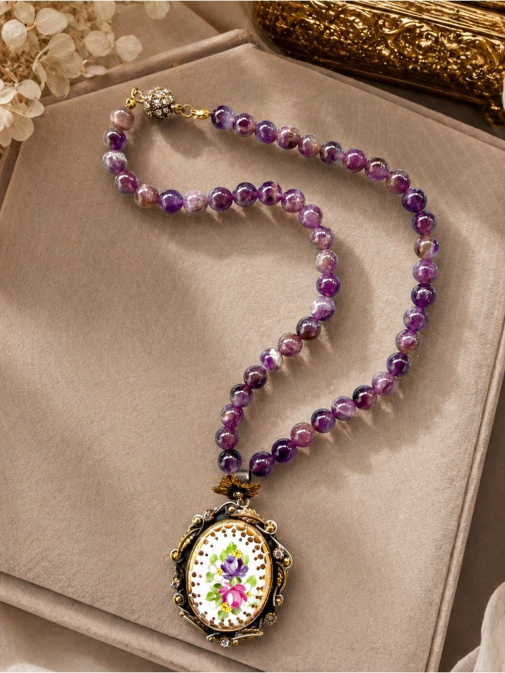 Amethyst Bead Necklace 925 Silver Victorian Style Hand Painted Porcelain Pendant